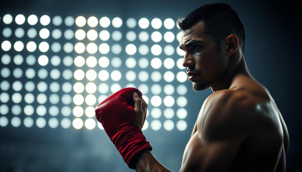 A boxer, clad in crimson wraps, stands poised before a grid of pulsing LED lights. Their face is fixed in intense concentration, eyes sharply focused as they prepare to react to the next flash. The lighting is stark and dramatic, casting bold shadows that accentuate the boxer's muscular form. The background is a hazy, out-of-focus expanse, drawing all attention to the athlete's laser-like reflexes and the cutting-edge technology guiding their training. The atmosphere is one of intense determination, the boxer's body coiled like a spring, ready to explode into action at the slightest provocation. This is the future of reaction time training, where AIoT-powered LED systems push the limits of human speed and agility. A boxer, clad in crimson wraps, stands poised before a grid of pulsing LED lights. Their face is fixed in intense concentration, eyes sharply focused as they prepare to react to the next flash. The lighting is stark and dramatic, casting bold shadows that accentuate the boxer's muscular form. The background is a hazy, out-of-focus expanse, drawing all attention to the athlete's laser-like reflexes and the cutting-edge technology guiding their training. The atmosphere is one of intense determination, the boxer's body coiled like a spring, ready to explode into action at the slightest provocation. This is the future of reaction time training, where AIoT-powered LED systems push the limits of human speed and agility.