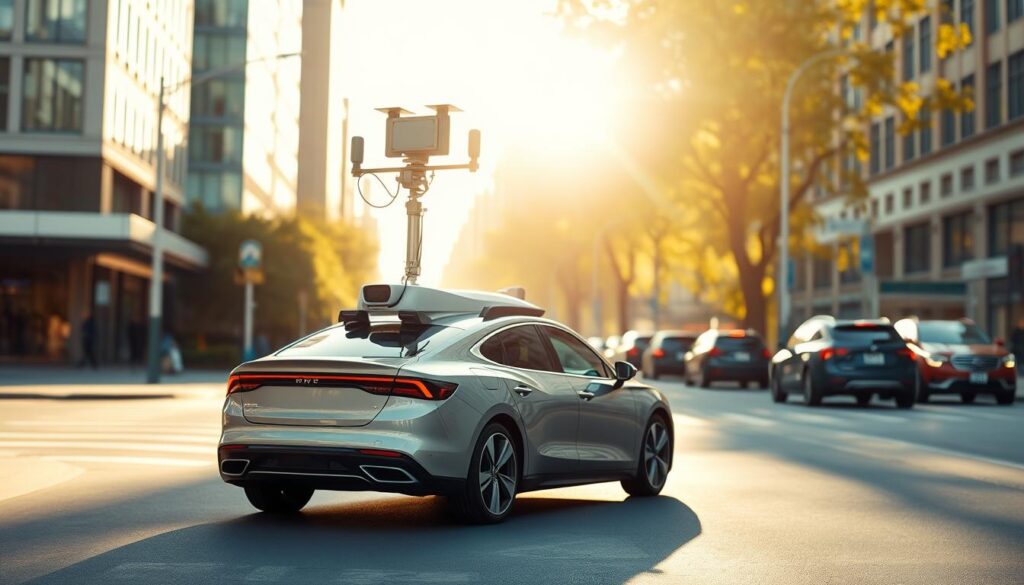 A bustling city street bathed in warm, natural daylight. In the foreground, a self-driving car equipped with an array of state-of-the-art sensors - a high-resolution LiDAR system sweeping the scene, complemented by radar modules and a suite of cameras capturing a comprehensive 360-degree view. The LiDAR's precise 3D mapping blends seamlessly with the radar's long-range object detection and the cameras' detailed color and texture information, creating a multifaceted perception backbone for autonomous navigation. The car's sleek, aerodynamic design emphasizes its cutting-edge technology, ready to safely navigate the urban environment.