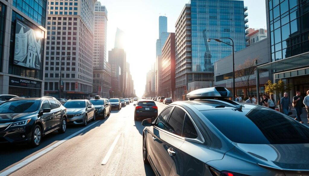 A bustling city street scene at midday, with a sleek, autonomous vehicle maneuvering through traffic, its LiDAR sensors scanning the environment in real-time. The car's advanced navigation system maps out the optimal route, anticipating the movements of pedestrians and other vehicles. The sunlight casts long shadows, highlighting the intricate details of the car's sensors and the surrounding architecture. In the background, high-rise buildings and bustling sidewalks create a dynamic, technologically-advanced urban landscape, showcasing the integration of LiDAR-powered self-driving technology into the modern cityscape.