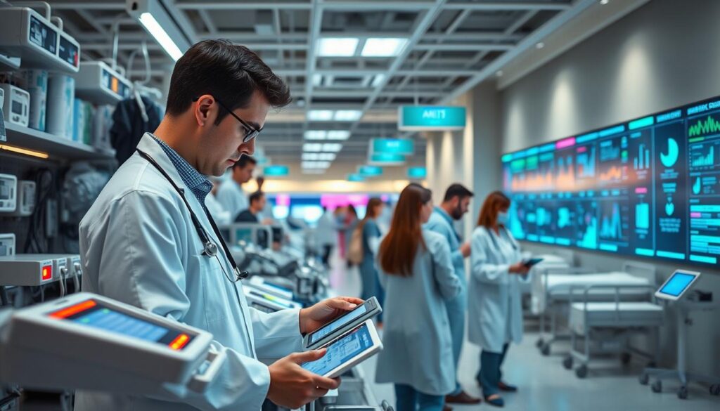 A bustling healthcare market pulses with momentum, showcasing the latest AIoT innovations. In the foreground, a team of researchers pores over data visualizations, analyzing trends and insights. Sleek medical devices, equipped with IoT sensors, line the shelves, their LED alerts casting a warm glow. In the middle ground, healthcare professionals engage with touchscreen interfaces, seamlessly integrating smart technologies into their workflows. The background depicts a hospital ward, its walls adorned with vibrant, data-driven displays highlighting patient safety metrics. Soft, diffused lighting creates an atmosphere of efficiency and innovation, reflecting the strategic timing of this healthcare AIoT revolution.
