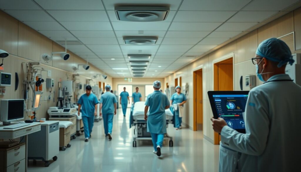 A bustling hospital ward, equipment and supplies tracked in real-time by a network of smart Bluetooth beacons. A doctor's tablet displays the live location of a critical care bed, its status updated seamlessly. Nurses navigate the corridors, their movements traced by the asset tracking system, ensuring every item is where it needs to be. Warm, diffused lighting casts a soothing glow, while high-resolution cameras capture the scene from multiple angles, providing a comprehensive view of the hospital's digital nervous system in action. A bustling hospital ward, equipment and supplies tracked in real-time by a network of smart Bluetooth beacons. A doctor's tablet displays the live location of a critical care bed, its status updated seamlessly. Nurses navigate the corridors, their movements traced by the asset tracking system, ensuring every item is where it needs to be. Warm, diffused lighting casts a soothing glow, while high-resolution cameras capture the scene from multiple angles, providing a comprehensive view of the hospital's digital nervous system in action.