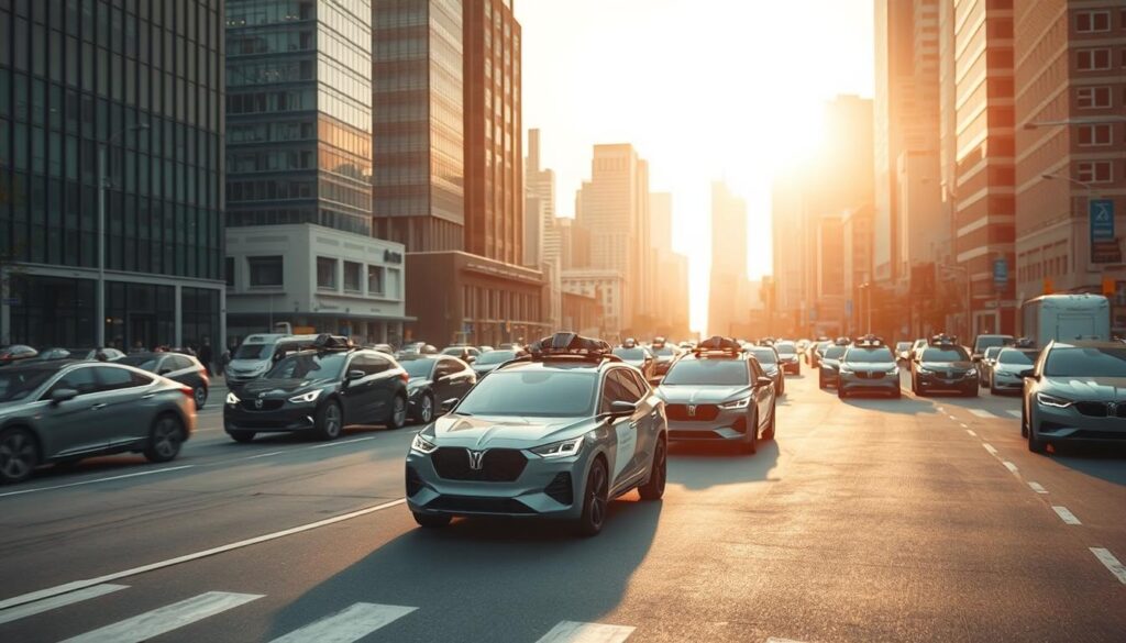 A bustling urban landscape filled with sleek, autonomous vehicles navigating the streets with precision. In the foreground, a state-of-the-art self-driving car equipped with advanced LiDAR sensors, its carefully-calibrated array of laser beams sweeping the environment to map the surroundings in striking 3D detail. The middle ground features a variety of other autonomous models, their smooth, aerodynamic designs seamlessly blending with the cityscape of towering skyscrapers and bustling pedestrian traffic. Overhead, the warm glow of the midday sun casts a natural, ambient light, illuminating the scene with a sense of technological progress and efficient mobility. This harmonious symphony of man and machine showcases the transformative power of LiDAR-driven autonomy, paving the way for a future of smart, connected transportation.