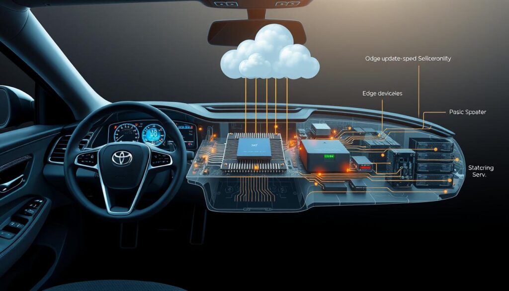 A cross-section of a vehicle's electronic architecture, showcasing the intricate interplay between the edge devices, the vehicle's central processing unit, and the cloud-based update servers. The foreground displays a sleek, futuristic dashboard with seamlessly integrated touchscreens, sensors, and microcontrollers, all communicating via a high-speed data bus. The middle ground reveals the vehicle's central computing unit, a powerful processor encased in a heat-dissipating housing, surrounded by a network of wiring harnesses. In the background, a stylized representation of the cloud infrastructure, with servers, databases, and communication protocols, all working in harmony to deliver secure, efficient over-the-air software updates to the vehicle. A cross-section of a vehicle's electronic architecture, showcasing the intricate interplay between the edge devices, the vehicle's central processing unit, and the cloud-based update servers. The foreground displays a sleek, futuristic dashboard with seamlessly integrated touchscreens, sensors, and microcontrollers, all communicating via a high-speed data bus. The middle ground reveals the vehicle's central computing unit, a powerful processor encased in a heat-dissipating housing, surrounded by a network of wiring harnesses. In the background, a stylized representation of the cloud infrastructure, with servers, databases, and communication protocols, all working in harmony to deliver secure, efficient over-the-air software updates to the vehicle.