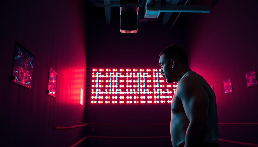 A dimly lit training room, the air charged with anticipation. A boxer stands at the ready, eyes fixed on a grid of reaction lights embedded in the wall, their vibrant hues pulsing in a complex sequence. The lights flicker and dance, challenging the athlete's reflexes, training their mind to react with lightning speed. Overhead, a high-resolution camera tracks the boxer's movements, analyzing their response time and accuracy. This is the future of LED-based reaction training, where AIoT technology blends with the athlete's dedication, pushing the boundaries of human performance. A dimly lit training room, the air charged with anticipation. A boxer stands at the ready, eyes fixed on a grid of reaction lights embedded in the wall, their vibrant hues pulsing in a complex sequence. The lights flicker and dance, challenging the athlete's reflexes, training their mind to react with lightning speed. Overhead, a high-resolution camera tracks the boxer's movements, analyzing their response time and accuracy. This is the future of LED-based reaction training, where AIoT technology blends with the athlete's dedication, pushing the boundaries of human performance.