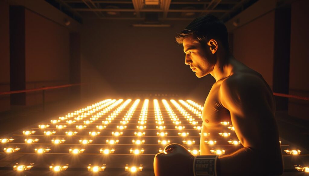 A dimly lit training room, the air charged with focus and anticipation. In the center, a boxer stands poised, eyes locked on a grid of LED lights that blink in a rapid, unpredictable sequence. Their reflexes are put to the test as they react swiftly, their movements fluid and precise, honed by the demands of this AIoT-powered drill. The lighting casts a warm, intense glow, highlighting the determination etched on the boxer's face. Shadows dance across the walls, creating a sense of depth and drama. This is the future of reaction training, where technology and human performance converge to push the boundaries of athletic potential. A dimly lit training room, the air charged with focus and anticipation. In the center, a boxer stands poised, eyes locked on a grid of LED lights that blink in a rapid, unpredictable sequence. Their reflexes are put to the test as they react swiftly, their movements fluid and precise, honed by the demands of this AIoT-powered drill. The lighting casts a warm, intense glow, highlighting the determination etched on the boxer's face. Shadows dance across the walls, creating a sense of depth and drama. This is the future of reaction training, where technology and human performance converge to push the boundaries of athletic potential.