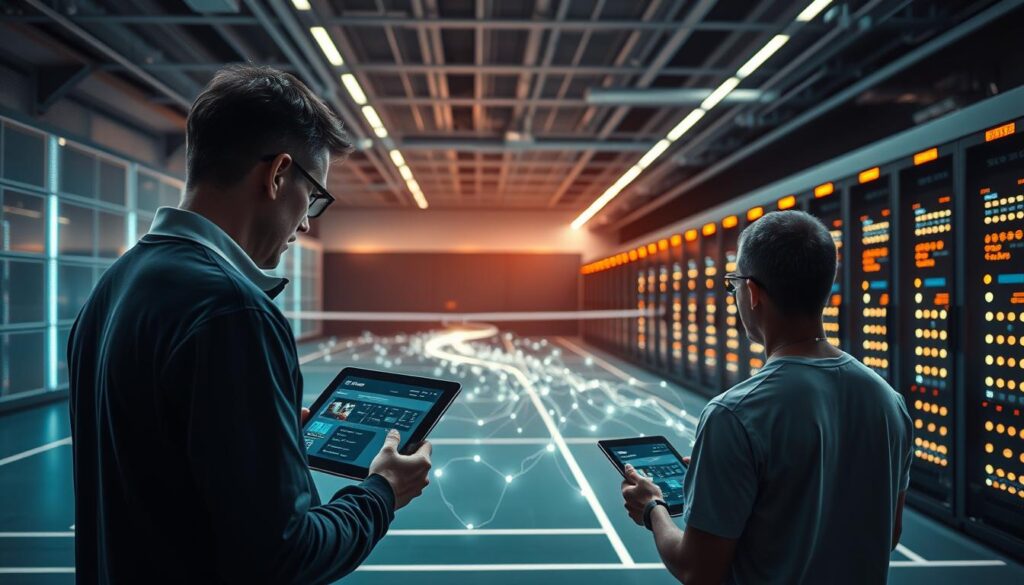 A futuristic data pipeline visualization depicting the flow of IoT sensor data from a live tennis match. In the foreground, a coach reviews insights on a tablet, monitoring player performance metrics captured by GPS trackers. The middle ground shows an abstract data stream flowing through interconnected nodes, visualizing the real-time processing and analysis of the sensor data. In the background, a sleek, minimalist data center with glowing server racks and cooling systems provides the infrastructure powering this intelligent sports analytics platform. The scene is illuminated by soft, directional lighting, creating a sense of technological sophistication and seamless integration between the physical and digital realms.