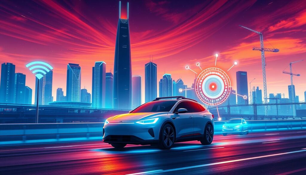 A futuristic, high-tech illustration depicting the choice between Wi-Fi and cellular connectivity for autonomous vehicles. In the foreground, a sleek, self-driving car navigates a city landscape, with the two connectivity options represented as glowing, interconnected networks. The middle ground features towering skyscrapers and infrastructure, symbolizing the urban environment. The background is a vibrant, neon-tinged sky, conveying a sense of technological advancement and innovation. The lighting is dramatic, with cool, blue tones for the Wi-Fi network and warm, orange hues for the cellular network, highlighting their distinct properties. The camera angle is slightly elevated, offering a panoramic view that emphasizes the scale and complexity of the connectivity choices facing autonomous vehicles. A futuristic, high-tech illustration depicting the choice between Wi-Fi and cellular connectivity for autonomous vehicles. In the foreground, a sleek, self-driving car navigates a city landscape, with the two connectivity options represented as glowing, interconnected networks. The middle ground features towering skyscrapers and infrastructure, symbolizing the urban environment. The background is a vibrant, neon-tinged sky, conveying a sense of technological advancement and innovation. The lighting is dramatic, with cool, blue tones for the Wi-Fi network and warm, orange hues for the cellular network, highlighting their distinct properties. The camera angle is slightly elevated, offering a panoramic view that emphasizes the scale and complexity of the connectivity choices facing autonomous vehicles.