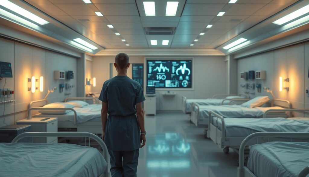 A futuristic hospital ward, bathed in a warm, soothing glow from strategically placed LED lights. In the foreground, an array of sleek, compact AIoT (Artificial Intelligence of Things) devices discreetly monitor patient vitals, tracking breathing patterns, heart rate, and other critical data. As nurses move between beds, the devices seamlessly integrate with their smartwatches, alerting them to any changes in a patient's condition. In the middle ground, a central command station displays real-time visualizations of the ward, allowing staff to quickly identify and respond to emerging situations. The background reveals a calming, minimalist aesthetic, with clean lines and muted tones that promote a sense of tranquility and well-being, ensuring the focus remains on patient comfort and care.