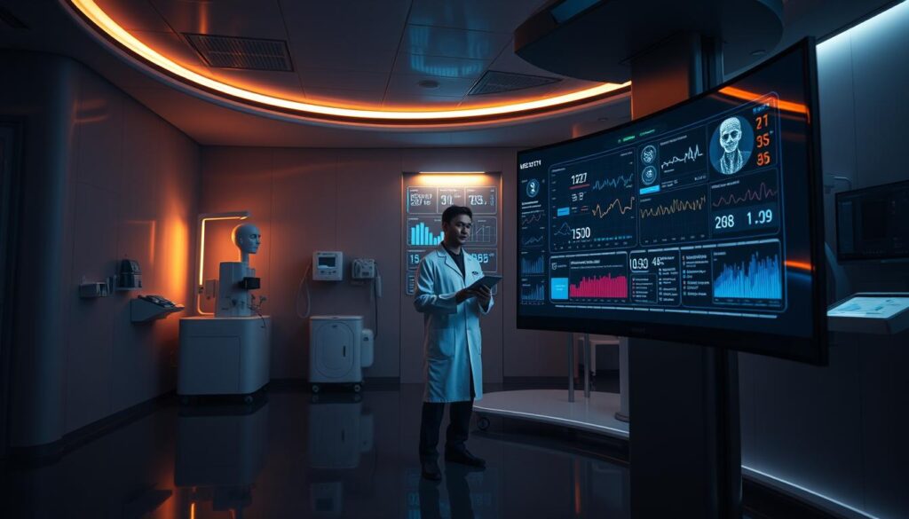 A futuristic medical clinic interior, dimly lit with warm tones. In the foreground, a sleek, matte-black medical monitoring station with a curved display showcasing real-time health data from IoT sensors. The display is filled with dynamic visualizations, charts, and graphs illustrating various patient vitals. In the middle ground, a doctor in a crisp white coat stands, intently studying the data on the screen, making notes on a digital tablet. The background features state-of-the-art medical equipment, subtle ambient lighting, and a serene, calming atmosphere, conveying the advanced, high-tech nature of modern remote patient care.