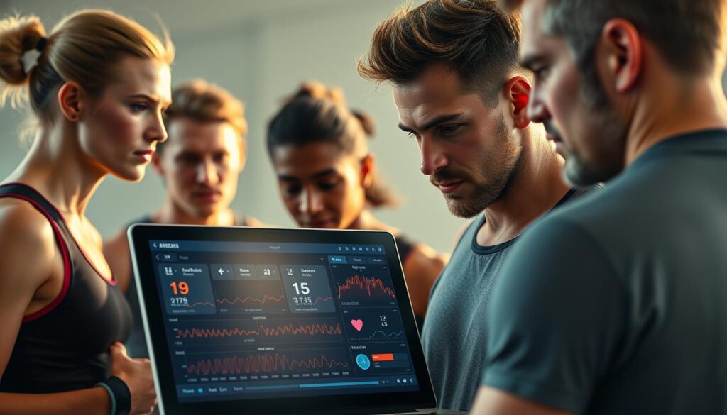 A group of athletes wearing performance tracking wearables, their heart rate metrics displayed on a high-resolution laptop screen in the foreground. Warm, indirect lighting casts a soft glow over the scene, highlighting the concentrated expressions of the coach as they review the data. The background is slightly blurred, drawing the viewer's focus to the central display of heart rate, pace, and other key performance indicators that could make the difference between victory and defeat.