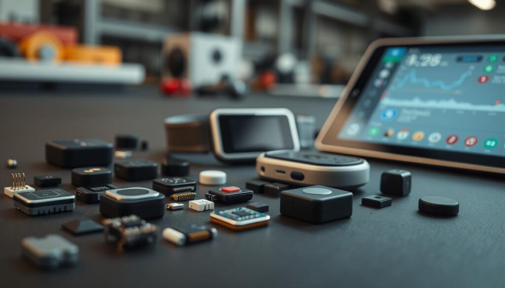 A high-resolution, detailed close-up image of various sensors and electronic components used in IoT and connected sports performance tracking. The foreground features a collection of small, low-profile sensors including accelerometers, gyroscopes, GPS modules, and heart rate monitors, neatly arranged on a matte black surface. The middle ground shows a wearable GPS tracker device with sleek, minimalist design. In the background, a coach's tablet displays live data visualizations and analytics from the connected sensors. The image has a technical, industrial aesthetic with carefully balanced lighting that highlights the intricate details of the sensors and electronic parts.
