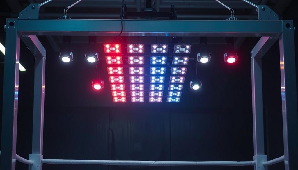A high-tech array of LED lights and sensors, suspended from a sleek, modern frame. The equipment is designed to challenge a boxer's reflexes, with individually programmed lights flashing in a dazzling sequence, testing their speed and concentration. The setup is positioned in a dimly lit, minimalist training space, creating an immersive, almost futuristic atmosphere. Carefully calibrated lenses and precise lighting angles capture the subject's movements in sharp detail, providing valuable data for analysis and optimization of their training regimen. A high-tech array of LED lights and sensors, suspended from a sleek, modern frame. The equipment is designed to challenge a boxer's reflexes, with individually programmed lights flashing in a dazzling sequence, testing their speed and concentration. The setup is positioned in a dimly lit, minimalist training space, creating an immersive, almost futuristic atmosphere. Carefully calibrated lenses and precise lighting angles capture the subject's movements in sharp detail, providing valuable data for analysis and optimization of their training regimen.