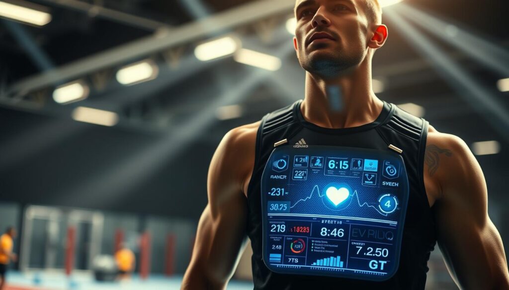 A high-tech athlete monitoring system, captured in a vibrant, dynamic scene. In the foreground, a sportsman dons a smart vest with a live, holographic overlay of real-time performance metrics - heart rate, oxygen levels, speed, and more. The athlete stands in a well-lit, modern training facility, the background blurred yet hinting at state-of-the-art equipment and facilities. Beams of light cast dramatic shadows, emphasizing the technological integration. The overall atmosphere conveys a sense of precision, progression, and the future of athletic performance tracking. A high-tech athlete monitoring system, captured in a vibrant, dynamic scene. In the foreground, a sportsman dons a smart vest with a live, holographic overlay of real-time performance metrics - heart rate, oxygen levels, speed, and more. The athlete stands in a well-lit, modern training facility, the background blurred yet hinting at state-of-the-art equipment and facilities. Beams of light cast dramatic shadows, emphasizing the technological integration. The overall atmosphere conveys a sense of precision, progression, and the future of athletic performance tracking.