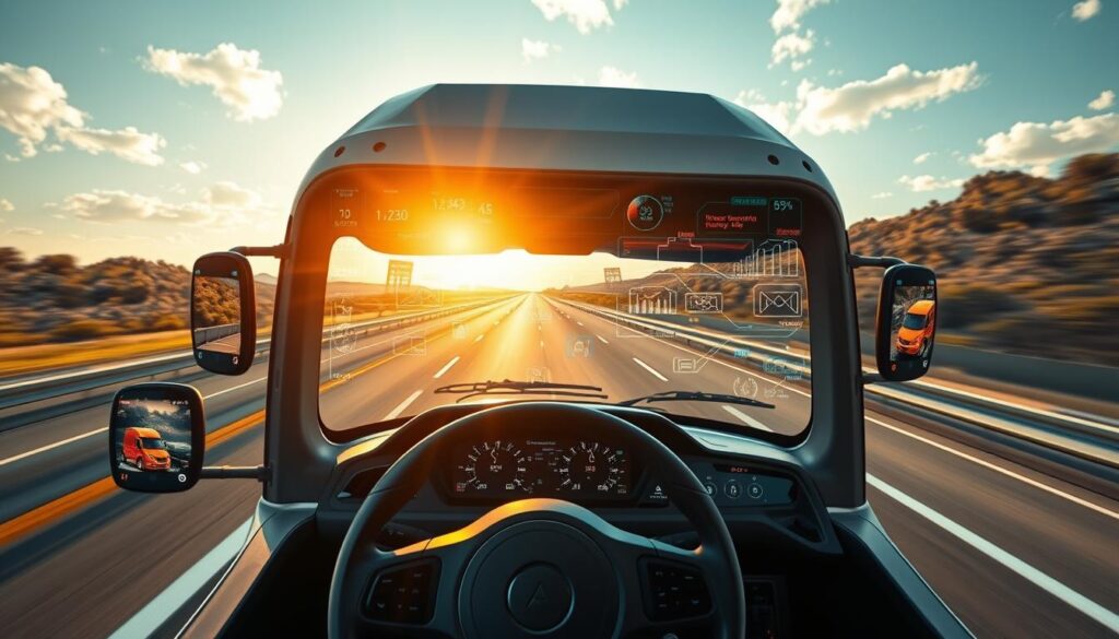 A high-tech autonomous freight truck cruises down a sun-drenched highway, its windshield displaying a dynamic data visualization. Streams of information flow across the display, relaying real-time sensor data and AI-driven hazard detection alerts. In the cabin, a suite of networked devices and interfaces harness the power of cloud-based fleet management, optimizing routing, fuel efficiency, and safety. The truck's sleek, aerodynamic frame and intelligent systems embody the future of sustainable, data-driven transportation. A high-tech autonomous freight truck cruises down a sun-drenched highway, its windshield displaying a dynamic data visualization. Streams of information flow across the display, relaying real-time sensor data and AI-driven hazard detection alerts. In the cabin, a suite of networked devices and interfaces harness the power of cloud-based fleet management, optimizing routing, fuel efficiency, and safety. The truck's sleek, aerodynamic frame and intelligent systems embody the future of sustainable, data-driven transportation.