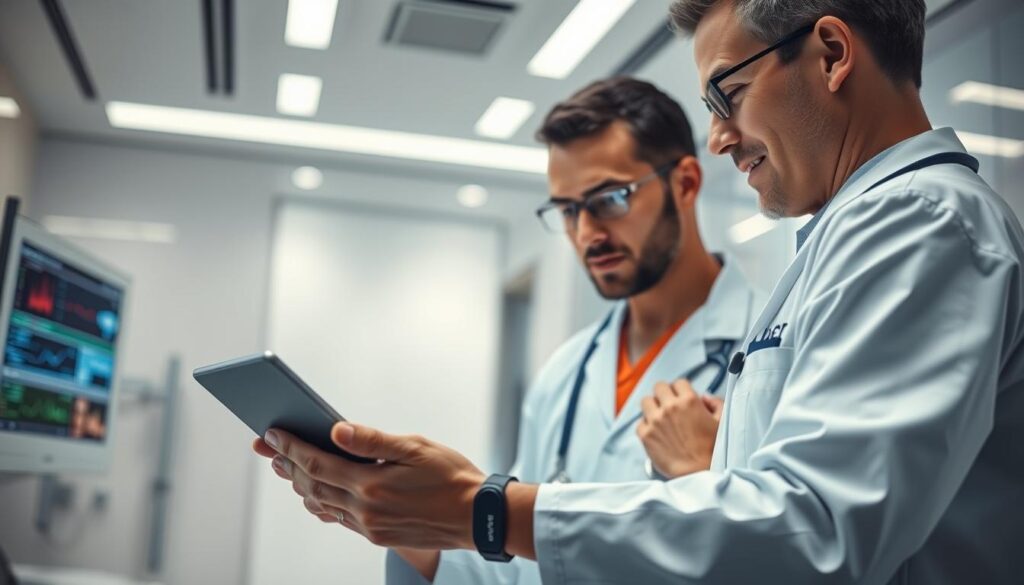 A high-tech clinic interior, illuminated by soft, diffused lighting. In the foreground, a doctor holds a tablet, intently studying the real-time data from IoT wearables - heart rate, blood pressure, and SpO2 levels - of a remote patient under their care. The wearables, sleek and discreet, are visible on the patient's wrist and finger, seamlessly integrating with the clinic's sophisticated monitoring systems. The scene conveys a sense of advanced, personalized remote healthcare, where technology and human expertise converge to provide comprehensive, real-time patient monitoring and management.