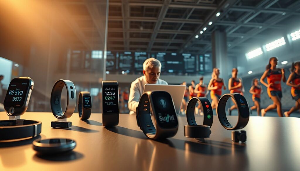 A high-tech display showcases an array of sleek, cutting-edge wearable sensors and devices. In the foreground, a variety of sports performance trackers and fitness monitors are meticulously rendered, their elegant designs and intelligent interfaces hinting at the wealth of data they collect. In the middle ground, a coach reviews the analytics on a laptop, intently studying the team's performance data. In the background, athletes stride across the scene, their bodies adorned with the latest wearable tech, capturing every movement and vital sign. Dramatic lighting casts dramatic shadows, underscoring the cutting-edge technology at work. The overall atmosphere conveys the future of sports performance analysis and coaching, where data-driven insights empower teams to achieve new levels of excellence.