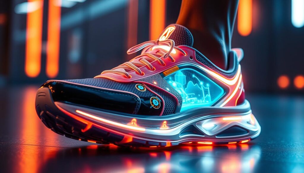 A high-tech smart sneaker with embedded sensors, designed to track athletic performance. The sleek, modern design features a translucent, futuristic upper with glowing accents, capturing the essence of cutting-edge sports technology. The midsole houses an array of advanced sensors, meticulously capturing every movement and data point, from stride length to impact force. Bathed in a cool, futuristic lighting, the scene conveys a sense of precision, innovation, and the seamless integration of technology into athletic apparel.