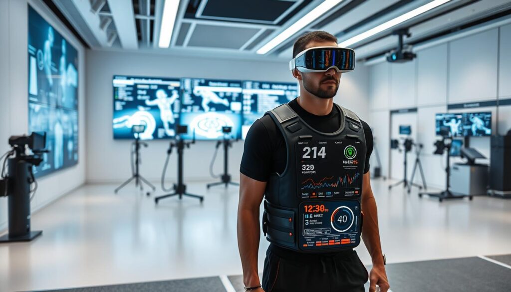 A high-tech sports laboratory with state-of-the-art motion capture systems and data visualization displays. In the foreground, a professional athlete wearing a smart vest with an augmented reality overlay showcasing real-time performance metrics like speed, power, accuracy, and stamina. The middle ground features various sensors, cameras, and diagnostic equipment monitoring the athlete's movements and biometrics. The background is a sleek, minimalist space with clean lines, neutral tones, and soft, diffused lighting, creating a serene, scientific atmosphere. A high-tech sports laboratory with state-of-the-art motion capture systems and data visualization displays. In the foreground, a professional athlete wearing a smart vest with an augmented reality overlay showcasing real-time performance metrics like speed, power, accuracy, and stamina. The middle ground features various sensors, cameras, and diagnostic equipment monitoring the athlete's movements and biometrics. The background is a sleek, minimalist space with clean lines, neutral tones, and soft, diffused lighting, creating a serene, scientific atmosphere.