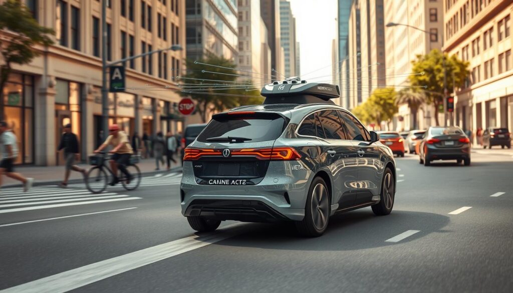 A hyper-detailed, photorealistic self-driving car navigates a bustling city street, its LiDAR sensors sweeping the environment with precision. The vehicle's complex neural networks analyze the intricate dance of pedestrians, cyclists, and other cars, predicting their behaviors in real-time to ensure safe, efficient navigation. The scene is bathed in warm, natural daylight, casting subtle shadows and highlights that enhance the technical details of the autonomous system. The composition is a wide, panoramic shot that captures the full scope of the vehicle's sensory awareness and decision-making capabilities, perfectly illustrating the "From perception to decisions" section of the article.