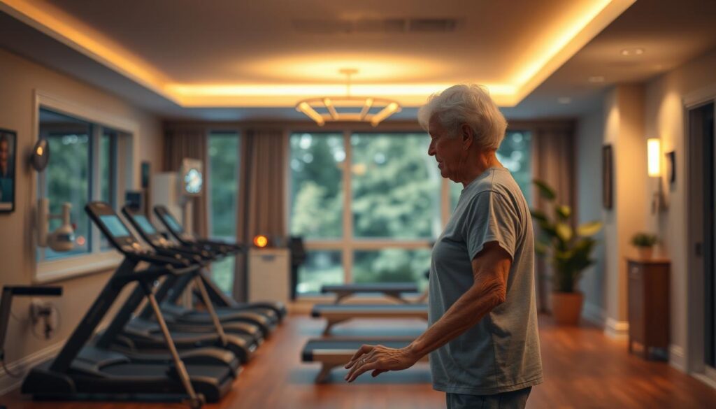 A long-term care facility's rehabilitation center, bathed in a warm, soothing glow of AI-controlled LED lights. In the foreground, a patient diligently works through a series of guided exercises, their movements tracked by a network of integrated sensors. The middle ground showcases advanced monitoring equipment, discreetly gathering data to inform the personalized strengthening program. In the background, a serene, calming environment with natural elements, designed to promote mindfulness and cognitive recovery. The scene exudes a sense of progress and empowerment, as the patient harnesses the power of AIoT technology to regain their independence and improve their overall wellbeing. A long-term care facility's rehabilitation center, bathed in a warm, soothing glow of AI-controlled LED lights. In the foreground, a patient diligently works through a series of guided exercises, their movements tracked by a network of integrated sensors. The middle ground showcases advanced monitoring equipment, discreetly gathering data to inform the personalized strengthening program. In the background, a serene, calming environment with natural elements, designed to promote mindfulness and cognitive recovery. The scene exudes a sense of progress and empowerment, as the patient harnesses the power of AIoT technology to regain their independence and improve their overall wellbeing.