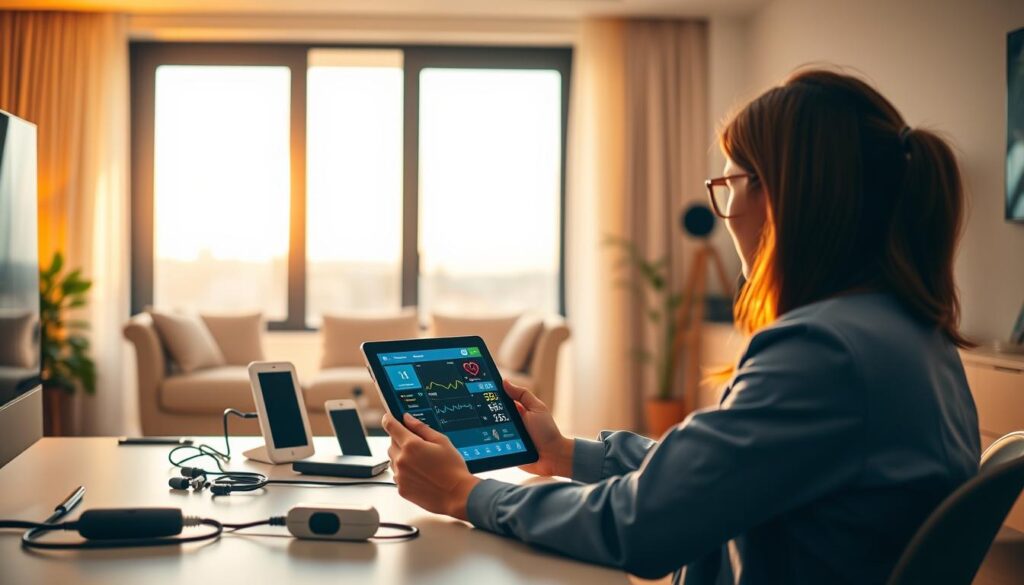 A modern home office with a healthcare professional monitoring a patient's vitals remotely. In the foreground, a person sits at a desk, intently studying a tablet displaying a patient's vital signs and tracking data. Warm, natural lighting fills the room, casting a calming, professional atmosphere. The middle ground features medical devices like a blood pressure cuff and heart rate monitor, seamlessly integrated into the home setup. In the background, large windows offer a glimpse of the outdoors, symbolic of the connected, remote nature of the patient care. The overall scene conveys the efficiency and personalized care enabled by remote patient monitoring technologies.