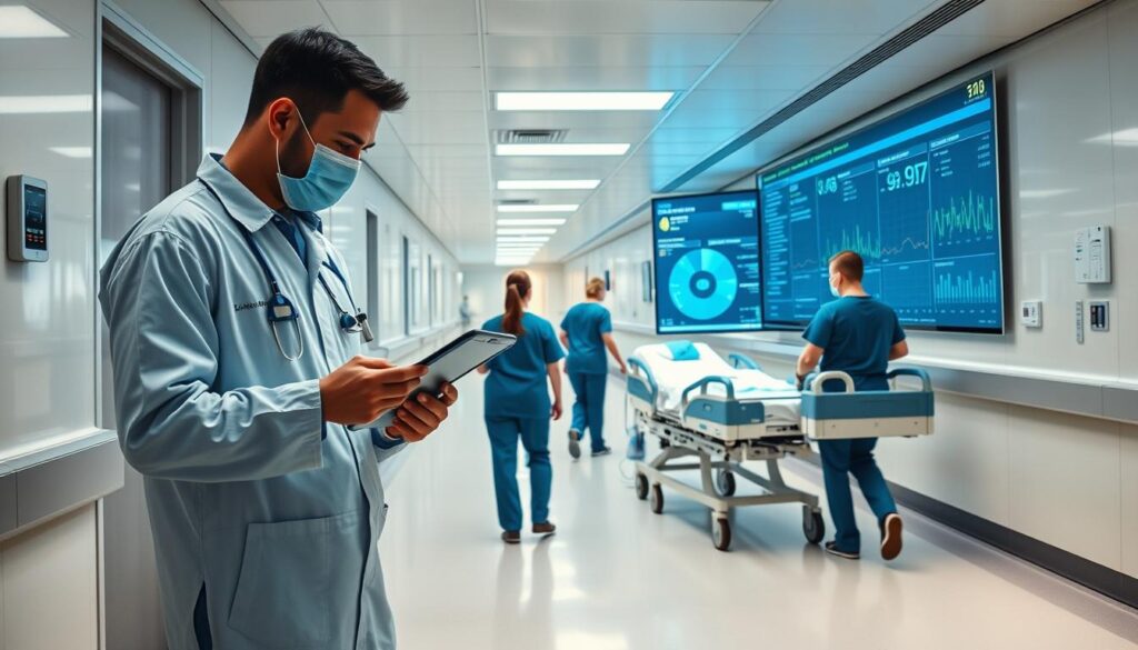 A modern hospital corridor bathed in bright, clinical lighting. In the foreground, a technician examines a medical device, its status displayed on a tablet interface. In the middle ground, nurses push gurneys down the hallway, each equipped with smart BLE tags for real-time asset tracking. In the background, a large dashboard displays the locations and status of critical hospital equipment, enabling efficient resource management. The atmosphere conveys a sense of technological prowess, seamless workflow, and patient-centric care. A modern hospital corridor bathed in bright, clinical lighting. In the foreground, a technician examines a medical device, its status displayed on a tablet interface. In the middle ground, nurses push gurneys down the hallway, each equipped with smart BLE tags for real-time asset tracking. In the background, a large dashboard displays the locations and status of critical hospital equipment, enabling efficient resource management. The atmosphere conveys a sense of technological prowess, seamless workflow, and patient-centric care.
