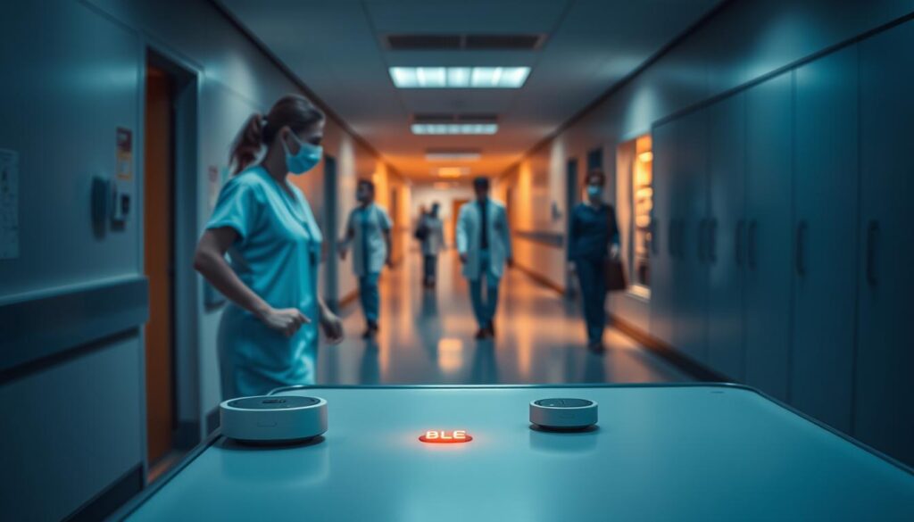 A modern hospital corridor, dimly lit with warm tones. In the foreground, a nurse approaches a medical cart, her movements highlighted by subtle shadows. The cart's surface is adorned with sleek, compact tracking devices, blinking with BLE signals. In the middle ground, doctors and staff navigate the space, their movements tracked seamlessly by the intelligent asset management system. The background reveals rows of equipment cabinets, their contents monitored in real-time, ensuring efficient inventory and preventing shortages. The atmosphere conveys a sense of calm efficiency, where technology seamlessly integrates with the hospital's operations, streamlining workflows and enhancing patient care. A modern hospital corridor, dimly lit with warm tones. In the foreground, a nurse approaches a medical cart, her movements highlighted by subtle shadows. The cart's surface is adorned with sleek, compact tracking devices, blinking with BLE signals. In the middle ground, doctors and staff navigate the space, their movements tracked seamlessly by the intelligent asset management system. The background reveals rows of equipment cabinets, their contents monitored in real-time, ensuring efficient inventory and preventing shortages. The atmosphere conveys a sense of calm efficiency, where technology seamlessly integrates with the hospital's operations, streamlining workflows and enhancing patient care.