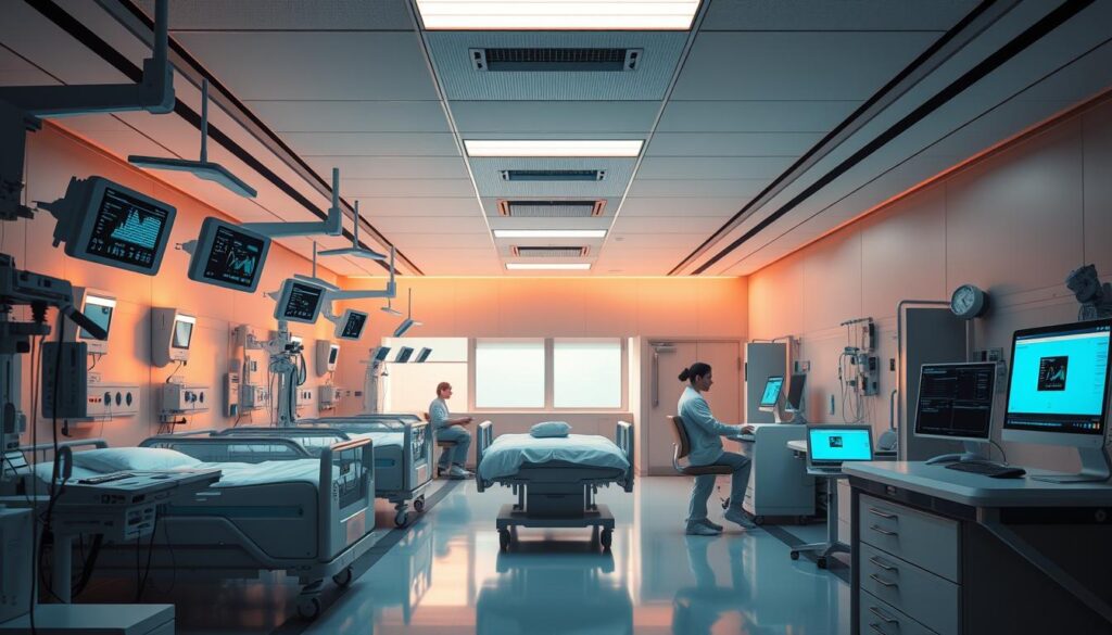 A modern hospital ward bathed in a soft, warm glow. In the foreground, an array of state-of-the-art AIoT devices monitor patient vitals and environmental conditions. Strategically placed LED panels display real-time alerts, notifying staff of any critical changes. The middle ground features sleek, mobile workstations where nurses and doctors review data, ready to provide timely interventions. In the background, the ward's architecture evokes a sense of calm and professionalism, with clean lines and muted tones creating a soothing atmosphere conducive to healing. Subtle shadows and highlights accentuate the cutting-edge technology seamlessly integrated into the clinical setting, ensuring the highest standards of patient safety and staff efficiency.