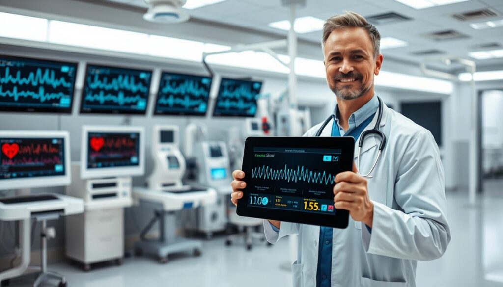 A modern, well-equipped clinic interior with a doctor standing in the foreground, holding a tablet displaying real-time patient health data. In the background, rows of medical equipment and monitors show the patient's vital signs, connected through an advanced IoT network. The lighting is bright and professional, with a clean, sterile atmosphere. The doctor's expression is focused and attentive, reflecting the importance of remote patient care and the transformative impact of IoT technology. The overall scene conveys a sense of innovation, efficiency, and the seamless integration of technology in the evolving landscape of healthcare.