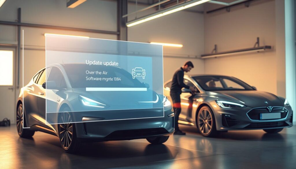 A modern, well-lit garage interior, with an electric vehicle and a traditional internal combustion engine vehicle parked side-by-side. The EV has a sleek, futuristic design, while the ICE car has a more classic aesthetic. The lighting casts a warm, inviting glow, highlighting the contrasting technological advancements between the two vehicles. In the foreground, a large holographic display shows the process of an over-the-air software update being applied to the EV, with a simplified visual representation of the update progress and status. In the background, a technician is working on the ICE vehicle, manually connecting a diagnostic tool, emphasizing the practical differences in update experiences between the two vehicle types. A modern, well-lit garage interior, with an electric vehicle and a traditional internal combustion engine vehicle parked side-by-side. The EV has a sleek, futuristic design, while the ICE car has a more classic aesthetic. The lighting casts a warm, inviting glow, highlighting the contrasting technological advancements between the two vehicles. In the foreground, a large holographic display shows the process of an over-the-air software update being applied to the EV, with a simplified visual representation of the update progress and status. In the background, a technician is working on the ICE vehicle, manually connecting a diagnostic tool, emphasizing the practical differences in update experiences between the two vehicle types.