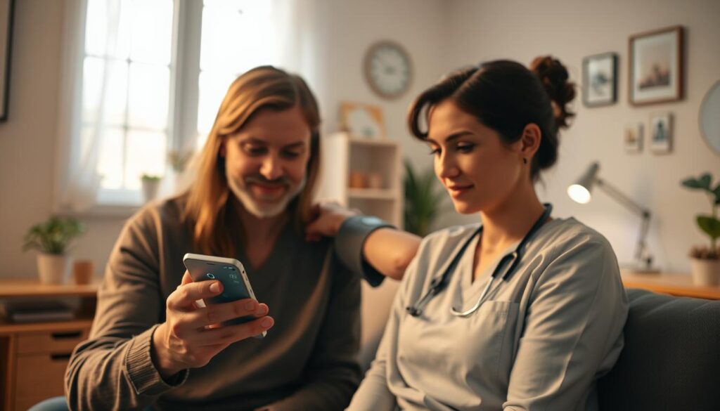 A patient carefully examining their smartphone, the screen displaying a real-time diabetes monitoring app. In the middle ground, a nurse assists the patient with a blood pressure cuff, their faces warmly lit from a window. The background is a cozy, modern home office space, with minimal clutter and a sense of calm professionalism. The lighting is soft, natural, and directional, creating a sense of intimacy and focus on the patient-caregiver interaction. The overall mood is one of empowerment, personalized care, and the seamless integration of technology into everyday health management.