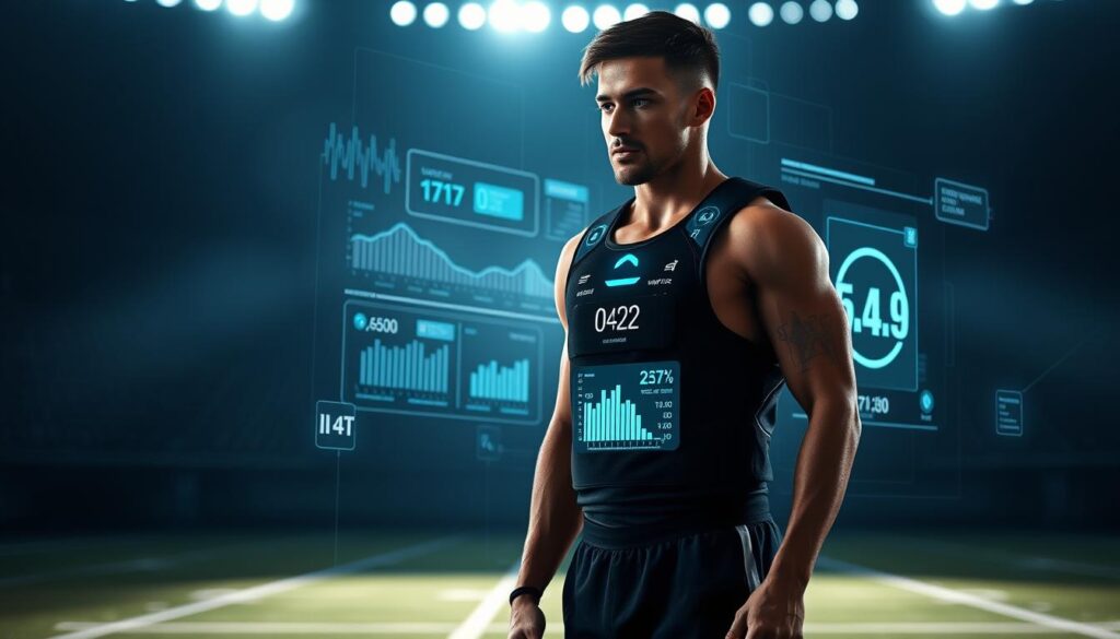 A professional athlete wearing a sleek, high-tech smart vest stands on a dimly lit sports field, surrounded by a holographic display of real-time biometric data and IoT performance metrics. Soft, dramatic lighting casts dynamic shadows, highlighting the athlete's muscular form and intense focus. The background fades into an ethereal, futuristic landscape, blending seamlessly with the cutting-edge technology. The scene conveys the intersection of human athleticism and advanced IoT monitoring, capturing the essence of cutting-edge sports analytics. A professional athlete wearing a sleek, high-tech smart vest stands on a dimly lit sports field, surrounded by a holographic display of real-time biometric data and IoT performance metrics. Soft, dramatic lighting casts dynamic shadows, highlighting the athlete's muscular form and intense focus. The background fades into an ethereal, futuristic landscape, blending seamlessly with the cutting-edge technology. The scene conveys the intersection of human athleticism and advanced IoT monitoring, capturing the essence of cutting-edge sports analytics.