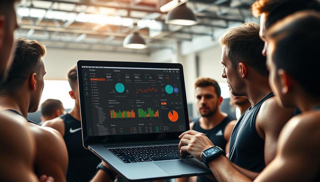 A professional sports performance tracking dashboard displayed on a laptop screen, surrounded by a team of athletes wearing wearable devices. Bright overhead lighting casts a warm glow, highlighting the detailed analytics and real-time data visualizations. The coach intently examines the screen, making notes and adjusting parameters as the team members glance over their shoulders, engaged in the review process. The atmosphere is one of focused determination, with a sense of collaboration and a shared drive to optimize the team's training and performance.