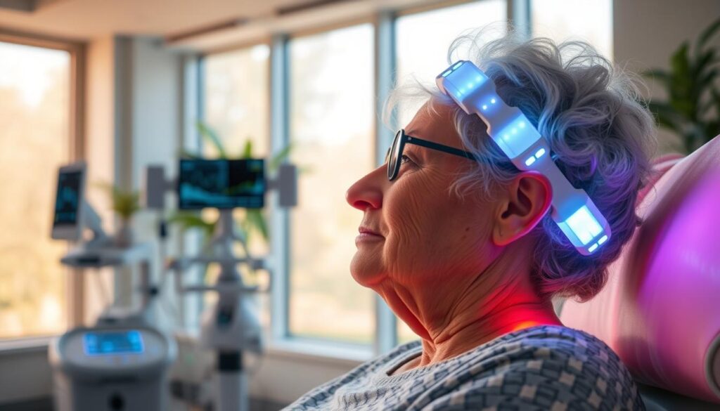 A serene healthcare facility with cutting-edge AIoT and LED therapy technologies. In the foreground, a patient undergoing personalized light therapy, their face bathed in a warm, soothing glow as they focus intently on regaining motor skills and cognitive function. The middle ground features state-of-the-art monitoring equipment and smart sensors, seamlessly integrated to track progress and optimize treatment. The background showcases a calming, nature-inspired interior design, with large windows allowing natural light to flood the space, creating a tranquil, restorative atmosphere. Soft, diffused lighting illuminates the scene, conveying a sense of hope and healing. A serene healthcare facility with cutting-edge AIoT and LED therapy technologies. In the foreground, a patient undergoing personalized light therapy, their face bathed in a warm, soothing glow as they focus intently on regaining motor skills and cognitive function. The middle ground features state-of-the-art monitoring equipment and smart sensors, seamlessly integrated to track progress and optimize treatment. The background showcases a calming, nature-inspired interior design, with large windows allowing natural light to flood the space, creating a tranquil, restorative atmosphere. Soft, diffused lighting illuminates the scene, conveying a sense of hope and healing.