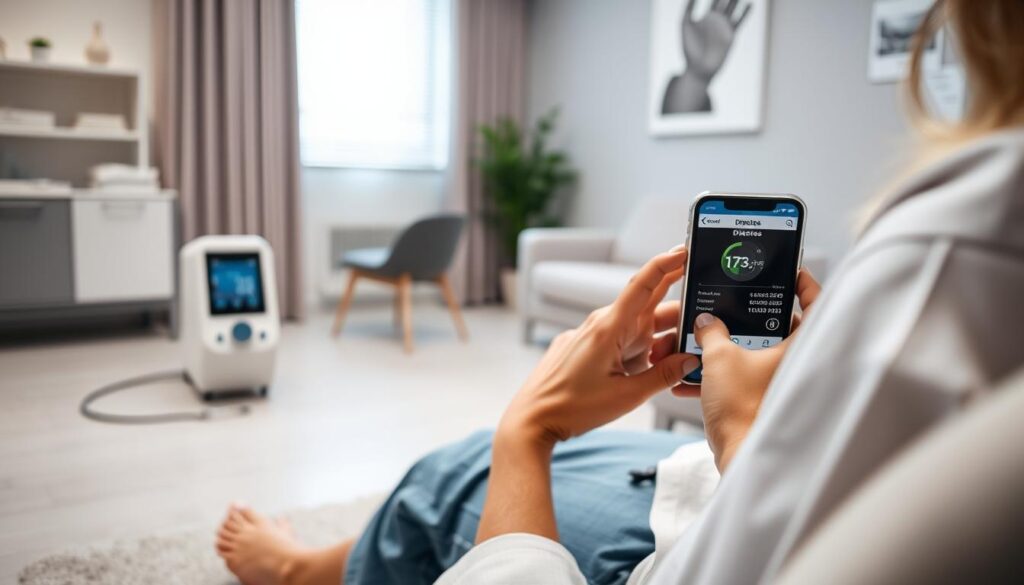 A serene, well-lit medical office setting. In the foreground, a patient sits comfortably, intently engaged with a sleek, modern mobile device displaying a remote patient monitoring app for diabetes management. The middle ground features a state-of-the-art blood pressure monitoring device, its digital display indicating the patient's vital signs. The background depicts soothing, minimalist decor, with muted tones and clean lines conveying a sense of professionalism and care. Soft, diffused lighting creates a calming atmosphere, while the camera angle suggests an intimate, empathetic perspective. The overall scene exudes a feeling of personalized, high-quality remote healthcare tailored to the patient's specific chronic condition.
