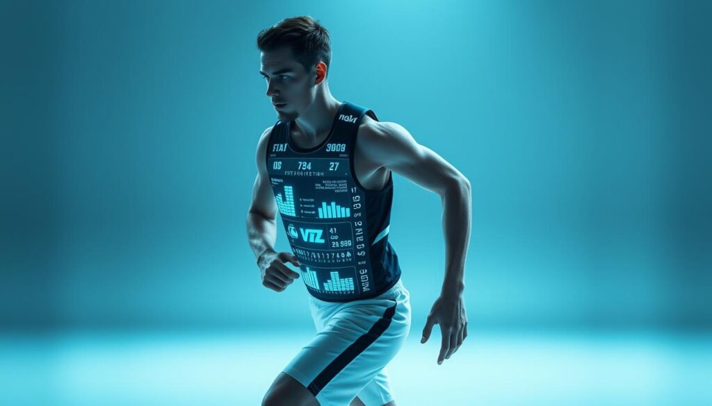 A sleek and futuristic sports performance tracking system, featuring a high-tech athlete donning a smart vest displaying real-time biometric data overlays. The scene is bathed in a cool, futuristic lighting, with a smooth, minimalist background that emphasizes the advanced technology. The athlete's movements are captured from an dynamic, three-quarter angle, highlighting the seamless integration of the wearable sensors and the data visualizations. The overall atmosphere conveys a sense of cutting-edge innovation shaping the future of player performance monitoring. A sleek and futuristic sports performance tracking system, featuring a high-tech athlete donning a smart vest displaying real-time biometric data overlays. The scene is bathed in a cool, futuristic lighting, with a smooth, minimalist background that emphasizes the advanced technology. The athlete's movements are captured from an dynamic, three-quarter angle, highlighting the seamless integration of the wearable sensors and the data visualizations. The overall atmosphere conveys a sense of cutting-edge innovation shaping the future of player performance monitoring.