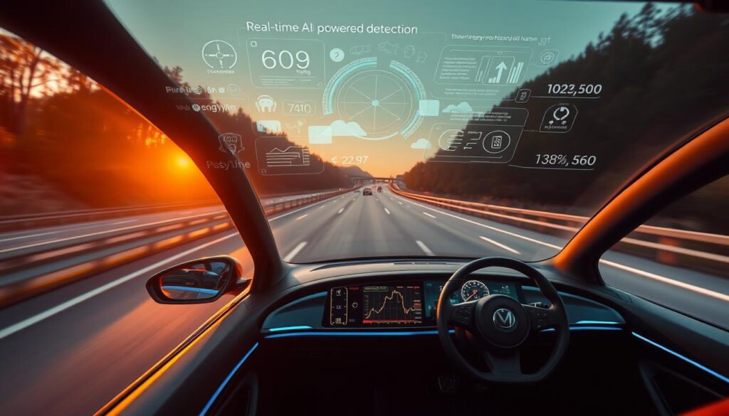 A sleek, autonomous electric vehicle navigates a serene highway, its exterior dotted with an array of sensors. Overlaying the vehicle's windshield, a real-time AI-powered hazard detection system displays data-rich visuals, alerting the driver to potential road obstacles, weather conditions, and traffic patterns. The car's interior features a sophisticated IoT dashboard, providing the driver with comprehensive vehicle diagnostics, route optimization, and remote monitoring capabilities. Bathed in a warm, golden light, the scene conveys a sense of technological sophistication and seamless integration between autonomous driving and intelligent IoT systems, ensuring maximum safety and efficiency on the roads of 2025.
