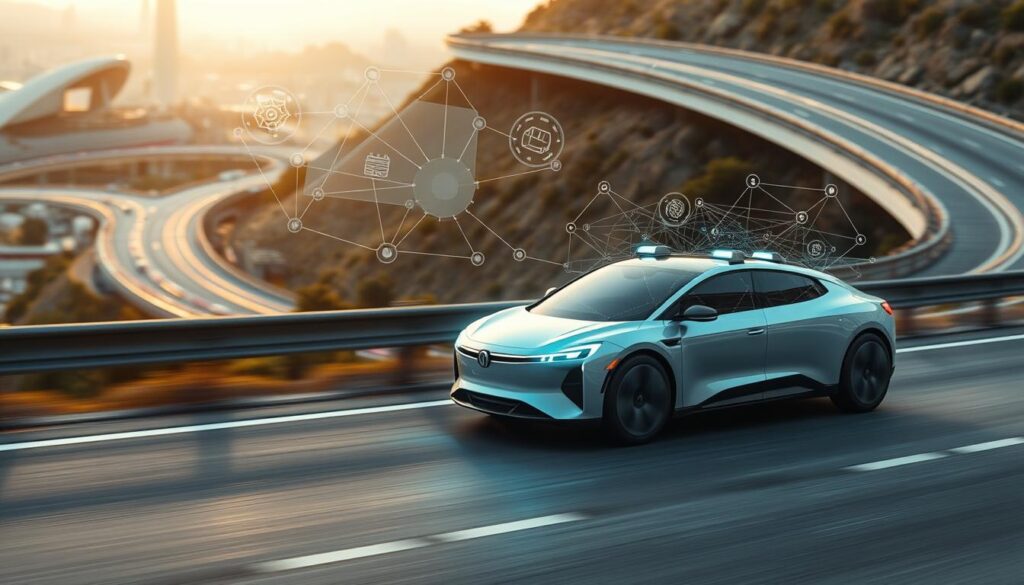 A sleek, futuristic autonomous vehicle glides smoothly down a winding highway, its sensors and connectivity systems constantly monitoring the surroundings. In the foreground, a holographic overlay displays real-time AI-powered hazard detection, highlighting potential risks and obstacles with precision. The middle ground features interconnected IoT devices and networks, weaving a protective web of data that shields the car and its passengers. The background is a serene, futuristic cityscape, bathed in a warm, comforting glow that conveys a sense of technological harmony and safety. The overall scene evokes a future where connectivity and AI-driven safety work in tandem to empower the next generation of autonomous vehicles.
