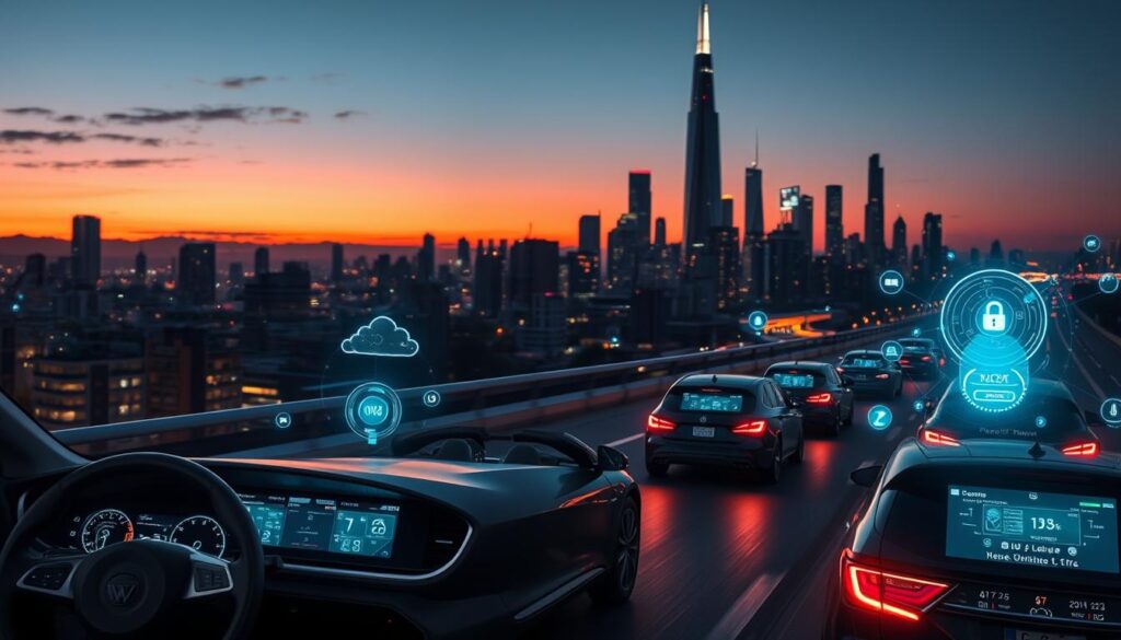 A sleek, futuristic cityscape at dusk, with towering skyscrapers and glowing holograms illuminating the night sky. In the foreground, a networked fleet of autonomous vehicles seamlessly navigating the urban landscape, their dashboard screens displaying real-time OTA updates and performance optimization data. Subtle holographic overlays provide a glimpse into the complex systems governing their secure, cloud-based connectivity. The scene conveys a sense of technological advancement, efficiency, and the seamless integration of vehicles with the smart city infrastructure.