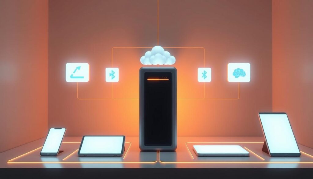 A sleek, futuristic system architecture showcasing the seamless integration of cloud computing, mobile devices, and Bluetooth technology to power AIoT-driven LED light therapy for patient rehabilitation. The image depicts a clean, minimalist design with a central tower server surrounded by interconnected mobile devices and LED light panels, all bathed in a warm, calming glow. The lighting and angles convey a sense of precision and efficiency, reflecting the advanced capabilities of this cutting-edge system. The overall aesthetic evokes a high-tech, yet soothing environment suitable for a healthcare setting focused on aiding patient recovery and improving motor skills and cognitive function. A sleek, futuristic system architecture showcasing the seamless integration of cloud computing, mobile devices, and Bluetooth technology to power AIoT-driven LED light therapy for patient rehabilitation. The image depicts a clean, minimalist design with a central tower server surrounded by interconnected mobile devices and LED light panels, all bathed in a warm, calming glow. The lighting and angles convey a sense of precision and efficiency, reflecting the advanced capabilities of this cutting-edge system. The overall aesthetic evokes a high-tech, yet soothing environment suitable for a healthcare setting focused on aiding patient recovery and improving motor skills and cognitive function.