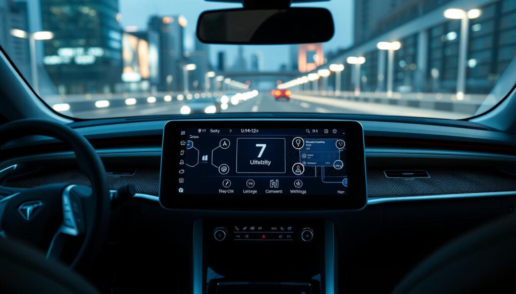 A sleek, high-tech automotive dashboard with a large, vibrant touchscreen display showcasing advanced over-the-air (OTA) update capabilities. The dashboard is illuminated by a soft, ambient glow, creating a modern, futuristic atmosphere. Intricate circuitry and control panels surround the display, hinting at the sophisticated engineering within. In the background, a blurred cityscape can be seen through the windshield, emphasizing the vehicle's integration with the connected, digital world. The image conveys a sense of innovation, efficiency, and the seamless integration of technology in the automotive industry. A sleek, high-tech automotive dashboard with a large, vibrant touchscreen display showcasing advanced over-the-air (OTA) update capabilities. The dashboard is illuminated by a soft, ambient glow, creating a modern, futuristic atmosphere. Intricate circuitry and control panels surround the display, hinting at the sophisticated engineering within. In the background, a blurred cityscape can be seen through the windshield, emphasizing the vehicle's integration with the connected, digital world. The image conveys a sense of innovation, efficiency, and the seamless integration of technology in the automotive industry.