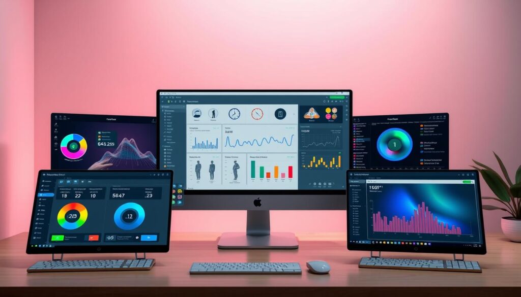 A sleek, modern desktop interface showcases a diverse array of software applications, each representing a different aspect of patient rehabilitation and recovery. In the foreground, intuitive user control panels allow seamless management of AIoT-powered LED light therapy, with vibrant color palettes and intuitive icons. The middle ground features a central dashboard displaying real-time biometric data and progress analytics, all rendered in a clean, minimalist aesthetic. In the background, a serene, subtly-lit environment sets the tone for a calming, therapeutic experience, with muted tones and soft lighting guiding the user's focus to the essential tools at hand. A sleek, modern desktop interface showcases a diverse array of software applications, each representing a different aspect of patient rehabilitation and recovery. In the foreground, intuitive user control panels allow seamless management of AIoT-powered LED light therapy, with vibrant color palettes and intuitive icons. The middle ground features a central dashboard displaying real-time biometric data and progress analytics, all rendered in a clean, minimalist aesthetic. In the background, a serene, subtly-lit environment sets the tone for a calming, therapeutic experience, with muted tones and soft lighting guiding the user's focus to the essential tools at hand.