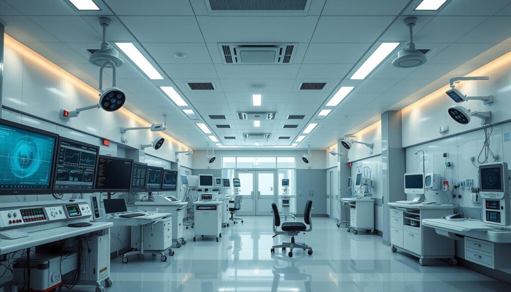 A sleek, modern hospital ward with a robust AIoT reference architecture. The foreground features a central monitoring station with multiple displays, sensors, and LED alert panels. In the middle ground, various medical devices and IoT endpoints are seamlessly integrated, flashing discreet status indicators. The background showcases the larger hospital infrastructure, including digital signage, surveillance cameras, and smart lighting systems. The entire scene is bathed in a clean, clinical lighting scheme, conveying a sense of efficiency and technological sophistication that prioritizes patient and staff safety.