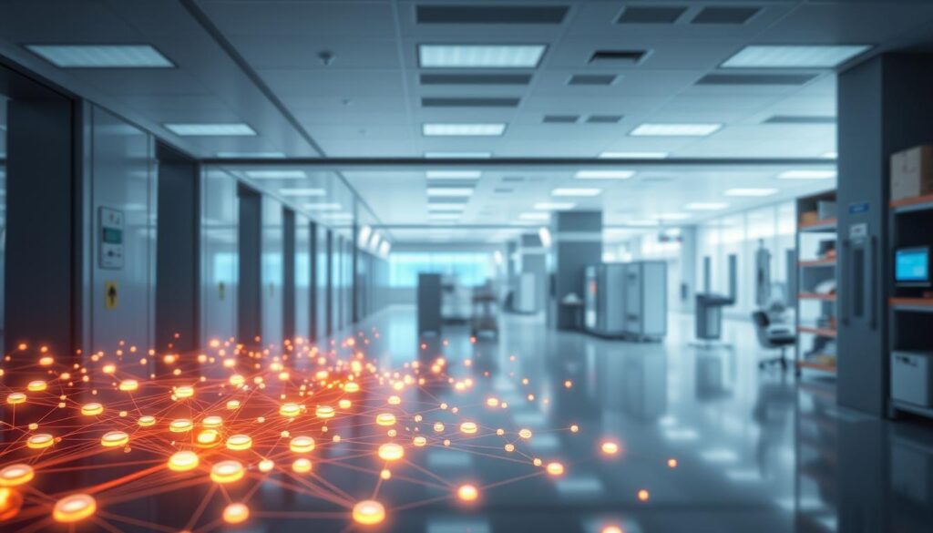 A state-of-the-art hospital inventory hub, illuminated by soft, diffused lighting. In the foreground, an array of BLE-enabled smart tags track the real-time location of critical medical equipment, visualized as a glowing, interconnected network. The mid-ground reveals a sleek, minimalist user interface, showcasing detailed asset information and intuitive controls. In the background, a vast, modern hospital facility fades into the distance, conveying the scale and integration of this comprehensive asset tracking system. The overall atmosphere is one of efficiency, precision, and technological sophistication, perfectly suited to illustrate the "BLE and IoT-powered hospital inventory hub" section of the article. A state-of-the-art hospital inventory hub, illuminated by soft, diffused lighting. In the foreground, an array of BLE-enabled smart tags track the real-time location of critical medical equipment, visualized as a glowing, interconnected network. The mid-ground reveals a sleek, minimalist user interface, showcasing detailed asset information and intuitive controls. In the background, a vast, modern hospital facility fades into the distance, conveying the scale and integration of this comprehensive asset tracking system. The overall atmosphere is one of efficiency, precision, and technological sophistication, perfectly suited to illustrate the "BLE and IoT-powered hospital inventory hub" section of the article.
