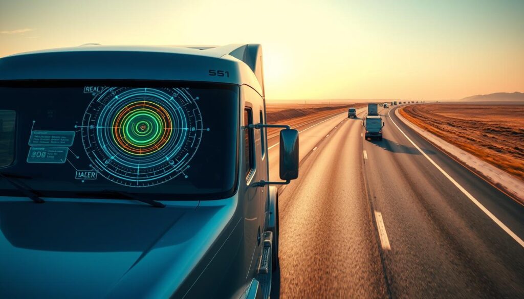 A vast, sun-drenched highway stretches out before an autonomous freight truck, its sleek silver body gliding effortlessly along the smooth asphalt. On the windshield, a vibrant alert system displays a real-time hazard detection overlay, warning the onboard AI of potential obstacles or threats. The truck's advanced sensors scan the environment, their whirring mechanisms attuned to the slightest changes in the road conditions. In the distance, other autonomous vehicles are visible, their synchronized movements a testament to the precision of this futuristic freight network. The scene conveys a sense of order, efficiency, and unwavering safety, a glimpse into the transformative power of AI-driven collision avoidance in the world of autonomous freight.