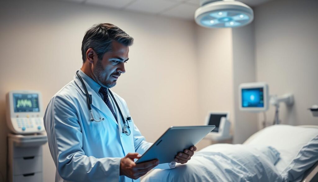A well-lit clinic examination room, with a doctor standing beside a patient's bed, intently studying a tablet displaying real-time IoT patient health data. The doctor's expression conveys deep focus and thoughtfulness as they analyze the digital readouts, seeking to optimize the patient's care and outcomes. The room has a clean, modern aesthetic, with state-of-the-art medical equipment subtly visible in the background, creating a sense of advanced, technology-driven healthcare. Soft, diffused lighting illuminates the scene, casting a warm, reassuring glow and highlighting the collaborative, patient-centric dynamic between the doctor and their charge.