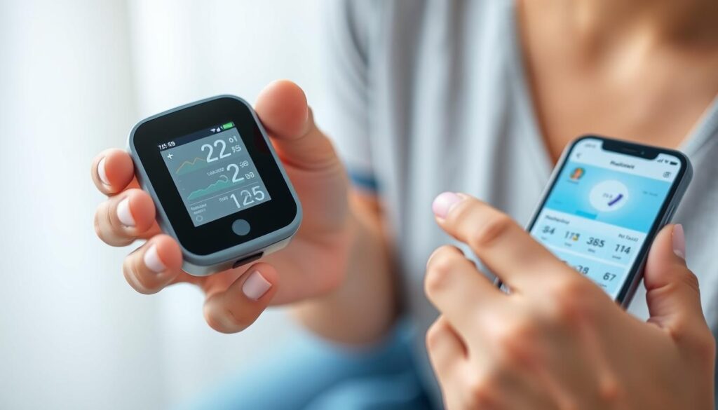 A well-lit, high-resolution close-up view of a patient's hand holding a modern, sleek RPM device with a touchscreen display. The device's intuitive interface shows real-time blood pressure and glucose level readings, with a clean, minimalist design. The patient's other hand rests on a smartphone, showcasing a mobile RPM app with an intuitive dashboard tracking vital signs and health data. The scene conveys a sense of ease and control, reflecting the empowering nature of chronic illness RPM technologies.