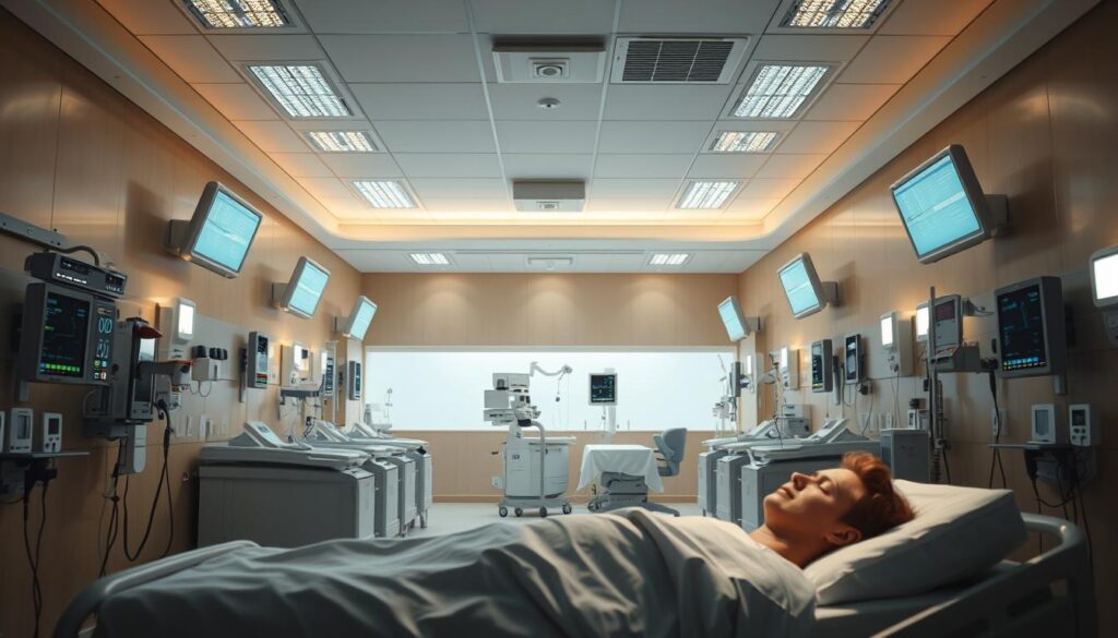 A well-lit hospital ward, filled with a network of AIoT devices. Sleek sensors and LED panels discreetly monitor patients' vital signs, alerting staff to any irregularities. The warm, calming atmosphere is enhanced by soft, diffused lighting that creates a sense of safety and comfort. In the foreground, a patient rests peacefully, their condition closely watched by the intelligent system. The middle ground features medical equipment seamlessly integrated with the AIoT network, enabling real-time data analysis and proactive interventions. The background showcases a clean, organized layout with ample space for staff to move freely and attend to their duties. This image conveys the harmonious integration of advanced technology and human-centric design, ensuring the highest levels of patient safety and care.