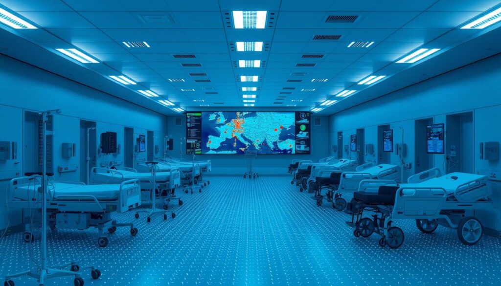 An expansive hospital ward, bathed in cool blue tones and crisp white lighting. In the foreground, a variety of medical equipment - IV stands, wheelchairs, and hospital beds - each equipped with sleek, modern BLE tracking tags, their signals pulsing in real-time. The middle ground reveals a complex network of overlapping RFID and UWB signals, visualized as a shimmering grid of data. In the background, a bank of large display screens showcases a live map of the facility, color-coded zones, and the precise locations of every trackable asset. The atmosphere is one of efficiency, control, and the seamless integration of cutting-edge RTLS technologies. An expansive hospital ward, bathed in cool blue tones and crisp white lighting. In the foreground, a variety of medical equipment - IV stands, wheelchairs, and hospital beds - each equipped with sleek, modern BLE tracking tags, their signals pulsing in real-time. The middle ground reveals a complex network of overlapping RFID and UWB signals, visualized as a shimmering grid of data. In the background, a bank of large display screens showcases a live map of the facility, color-coded zones, and the precise locations of every trackable asset. The atmosphere is one of efficiency, control, and the seamless integration of cutting-edge RTLS technologies.