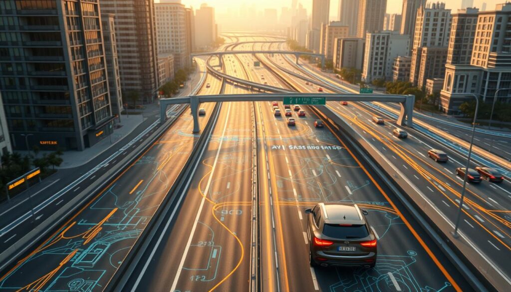 High-definition, hyper-realistic maps of a futuristic highway, showcasing AI-driven hazard detection and real-time analytics overlaid on the road network. The scene depicts a self-driving car navigating the complex urban landscape, with detailed 3D terrain, photorealistic building facades, and dynamic traffic patterns. The maps are rendered in vibrant colors, with crisp details and a seamless integration of digital information, creating a visually stunning and technologically advanced representation of autonomous vehicle infrastructure. Soft, diffused lighting casts a warm glow, conveying a sense of sophistication and progress. The overall atmosphere evokes a glimpse into the near-future of safe, AI-powered transportation.